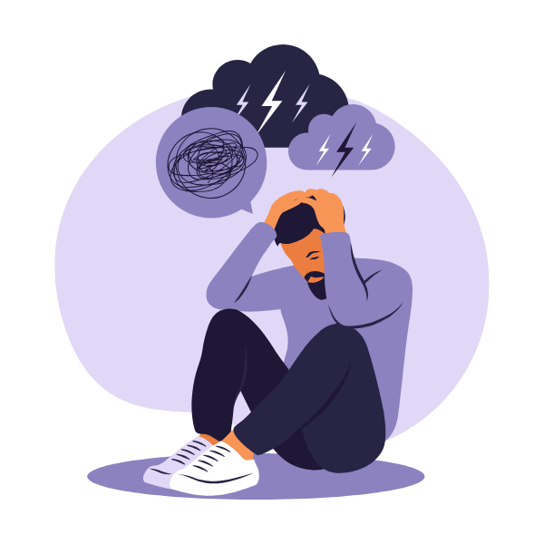 Illustration of a man sitting with a headache, overwhelmed by thoughts and stress, symbolized by storm clouds