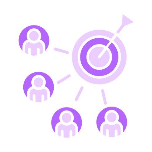 An icon representing the target audience, with multiple user figures surrounding a bullseye.