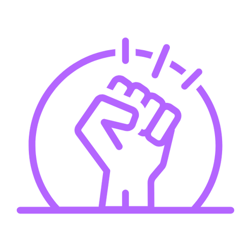 Purple outline icon of a raised clenched fist, symbolizing empowerment, strength, and determination.