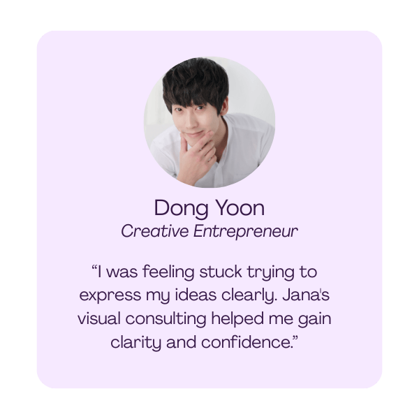Testimonial from Dong Yoon, Creative Entrepreneur, highlighting how visual consulting improved his communication.