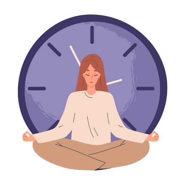Illustration of a woman meditating in front of a clock, representing calmness and time management